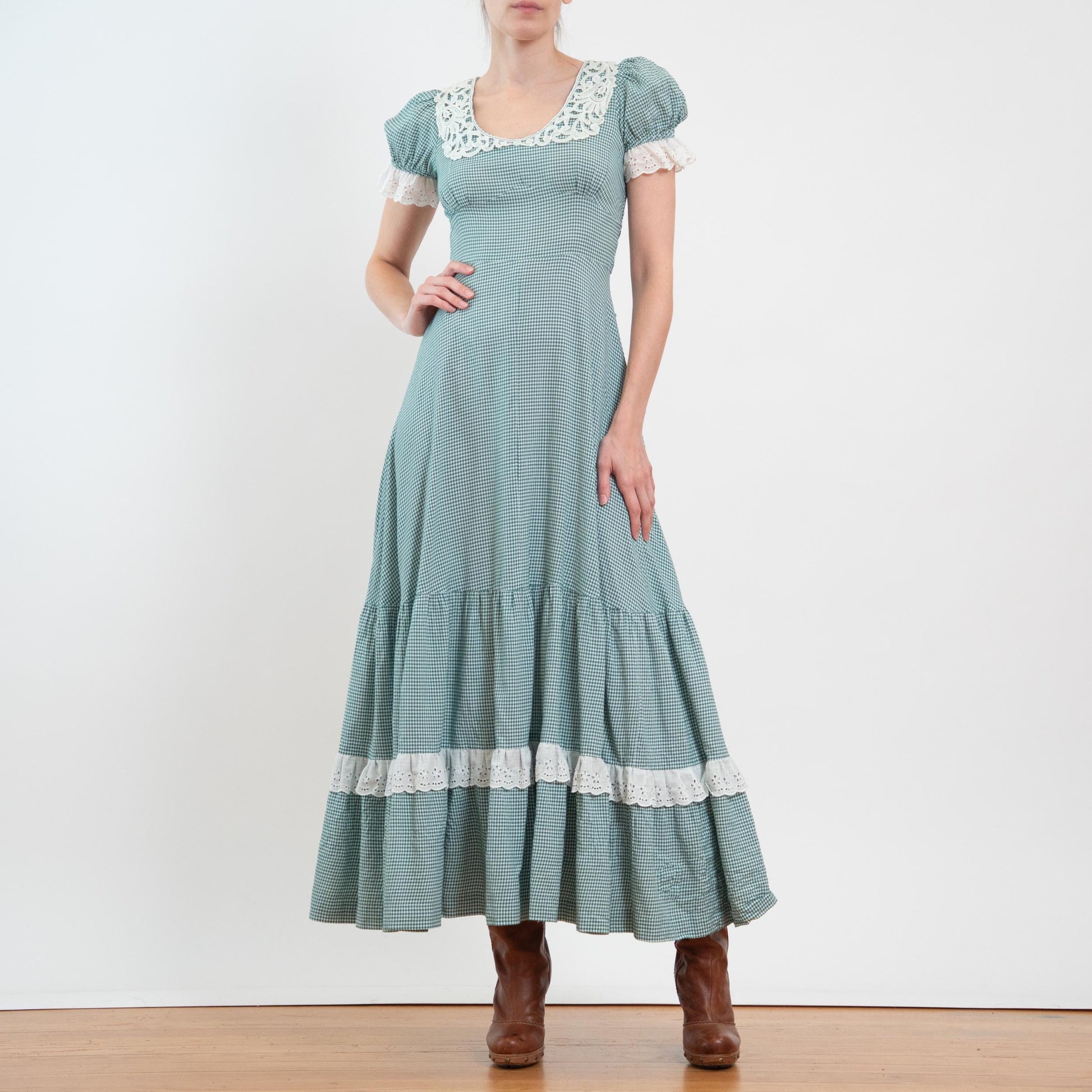 Vintage 60s 70s Gunne Sax Black Label Green Gingham Maxi Dress - Extra Small