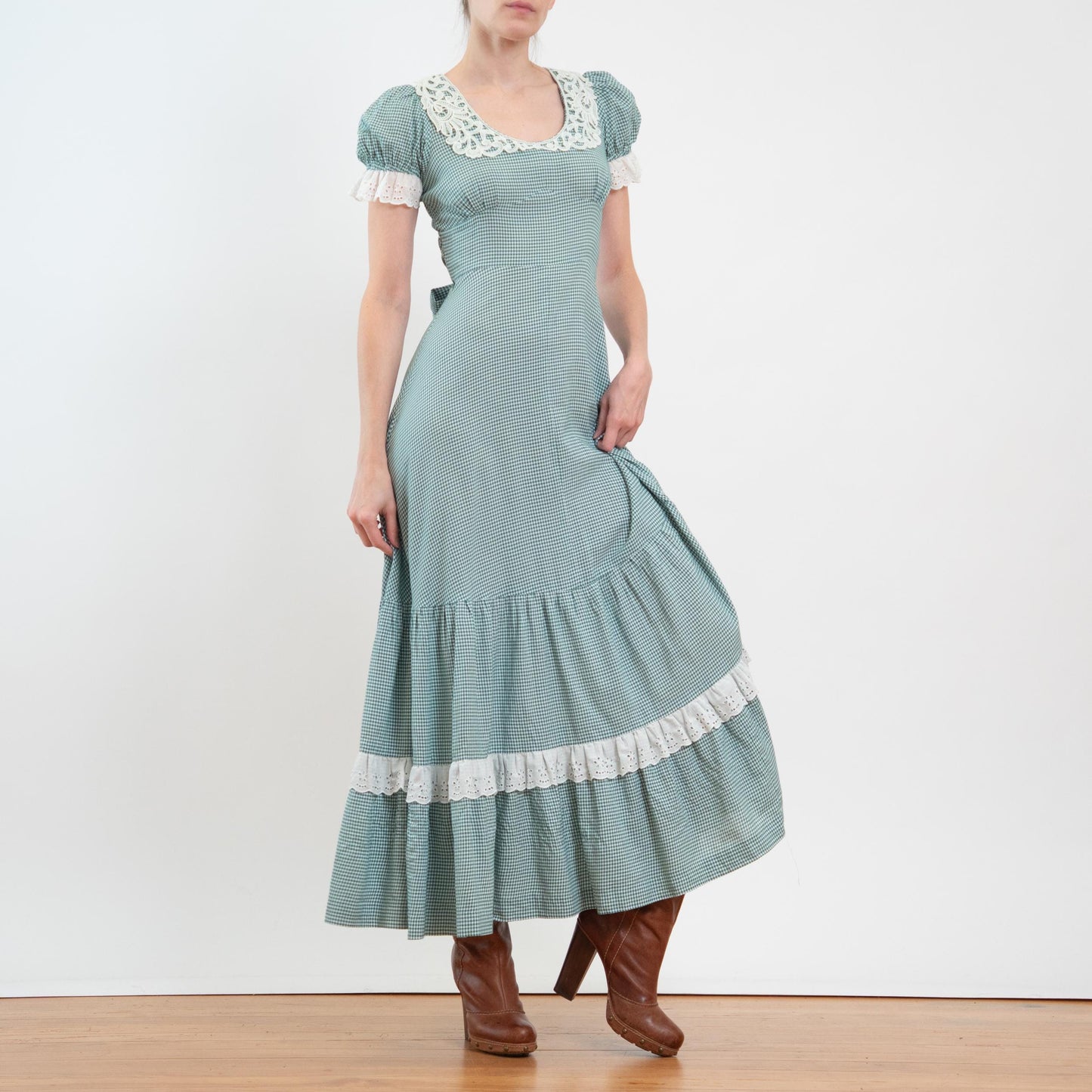 Vintage 60s 70s Gunne Sax Black Label Green Gingham Maxi Dress - Extra Small