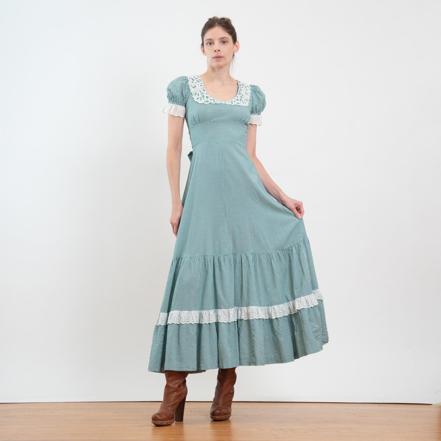Vintage 60s 70s Gunne Sax Black Label Green Gingham Maxi Dress - Extra Small