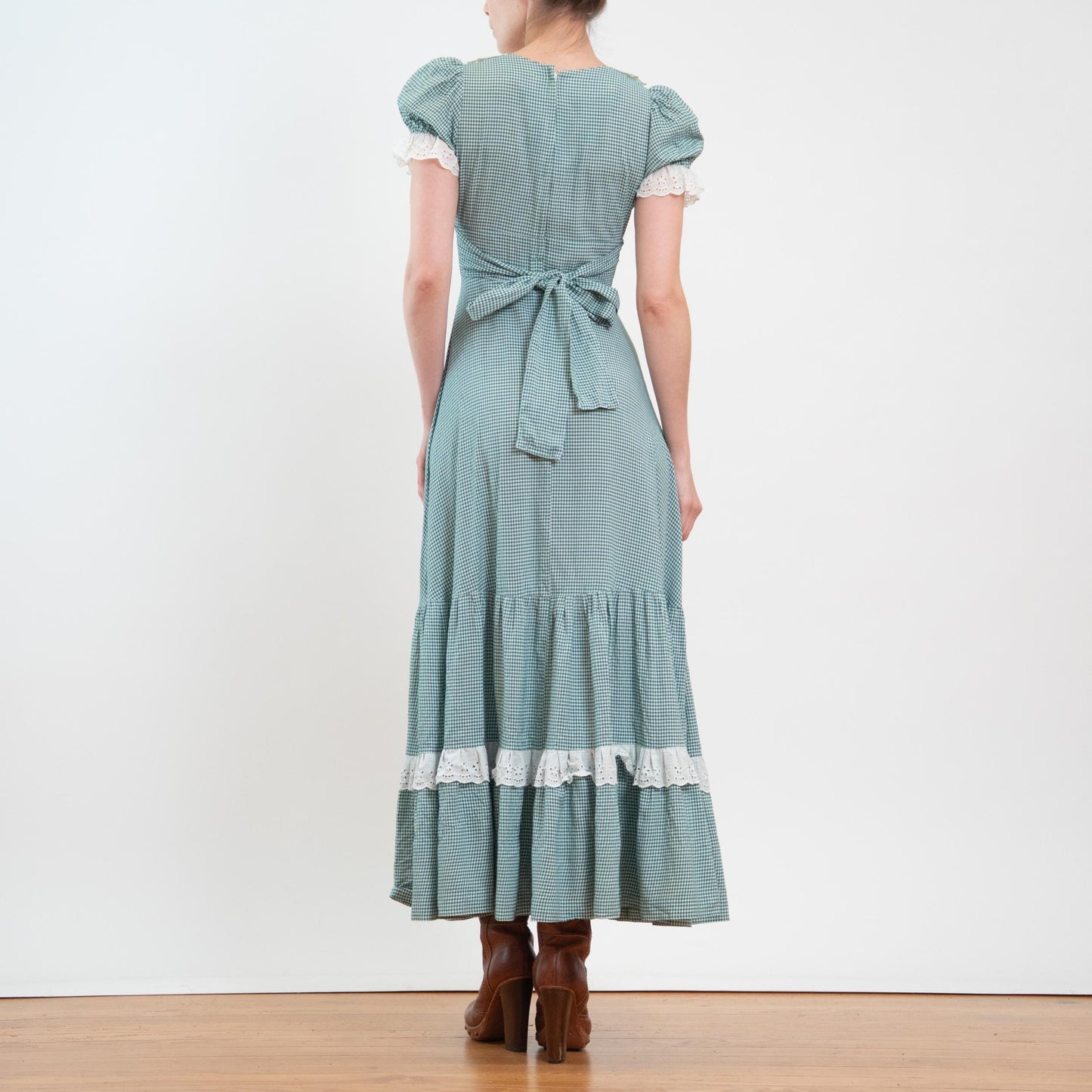 Vintage 60s 70s Gunne Sax Black Label Green Gingham Maxi Dress - Extra Small