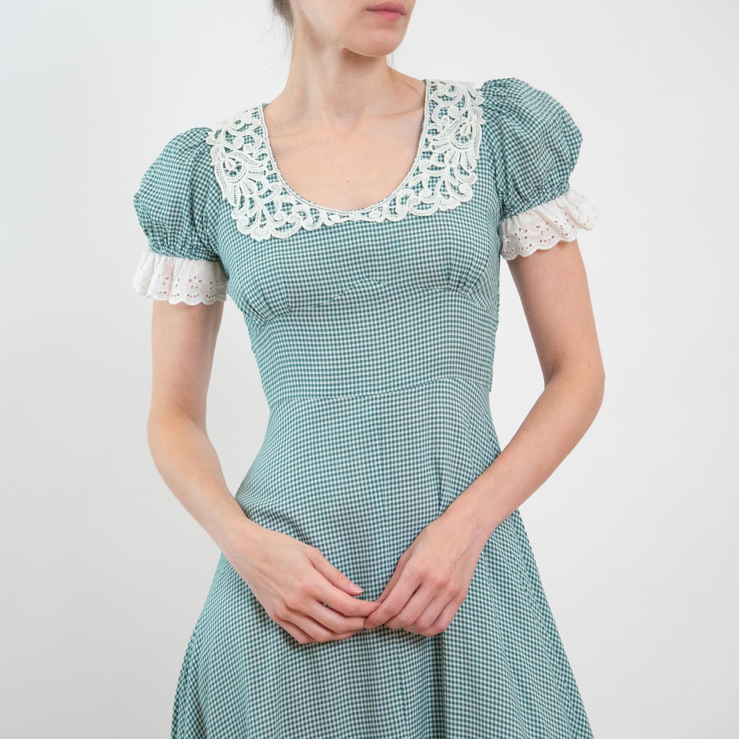 Vintage 60s 70s Gunne Sax Black Label Green Gingham Maxi Dress - Extra Small