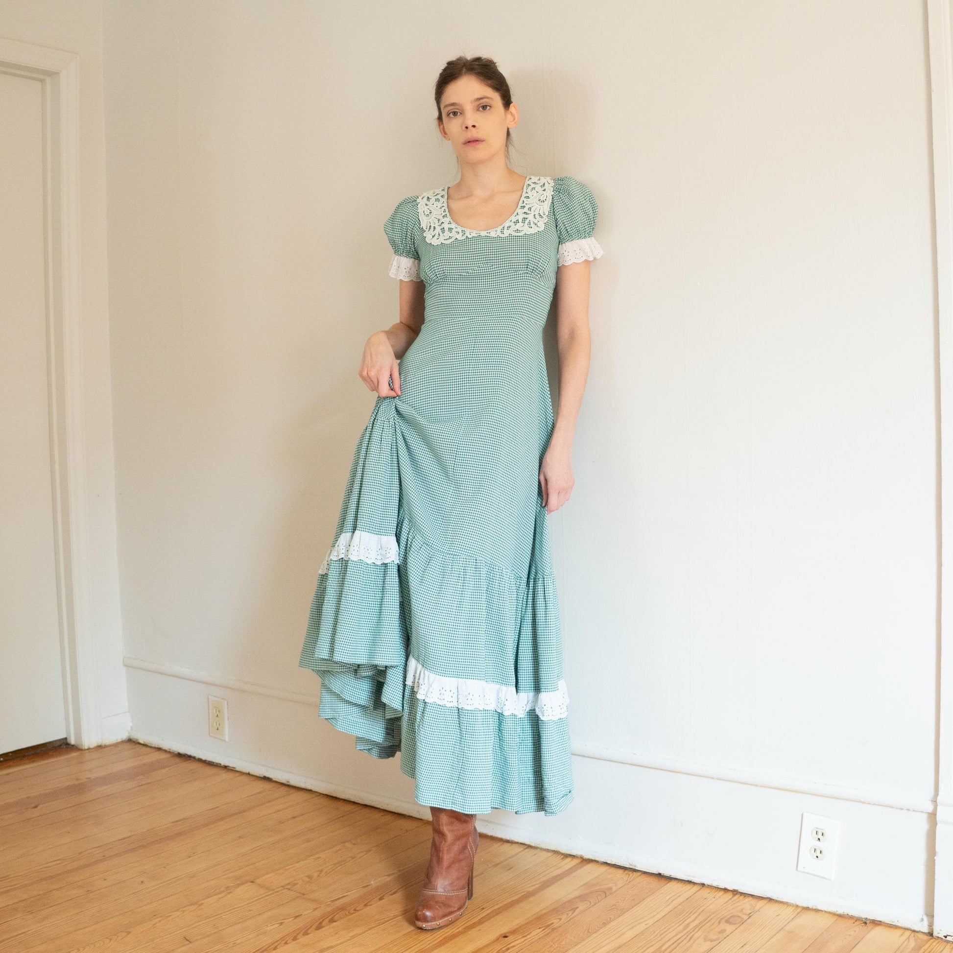 Vintage 60s 70s Gunne Sax Black Label Green Gingham Maxi Dress - Extra Small
