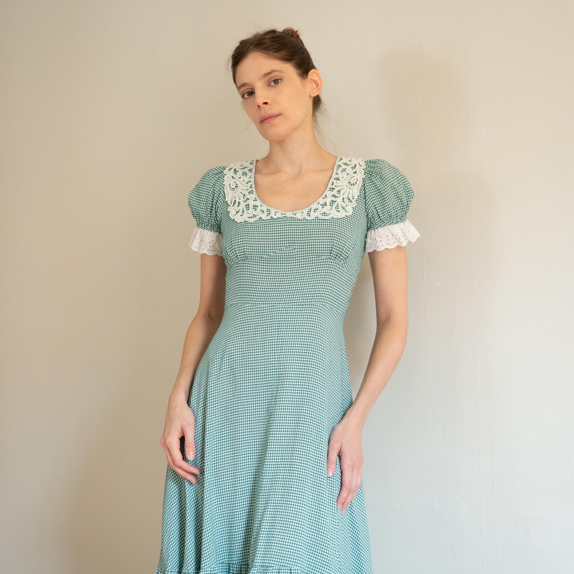 Vintage 60s 70s Gunne Sax Black Label Green Gingham Maxi Dress - Extra Small