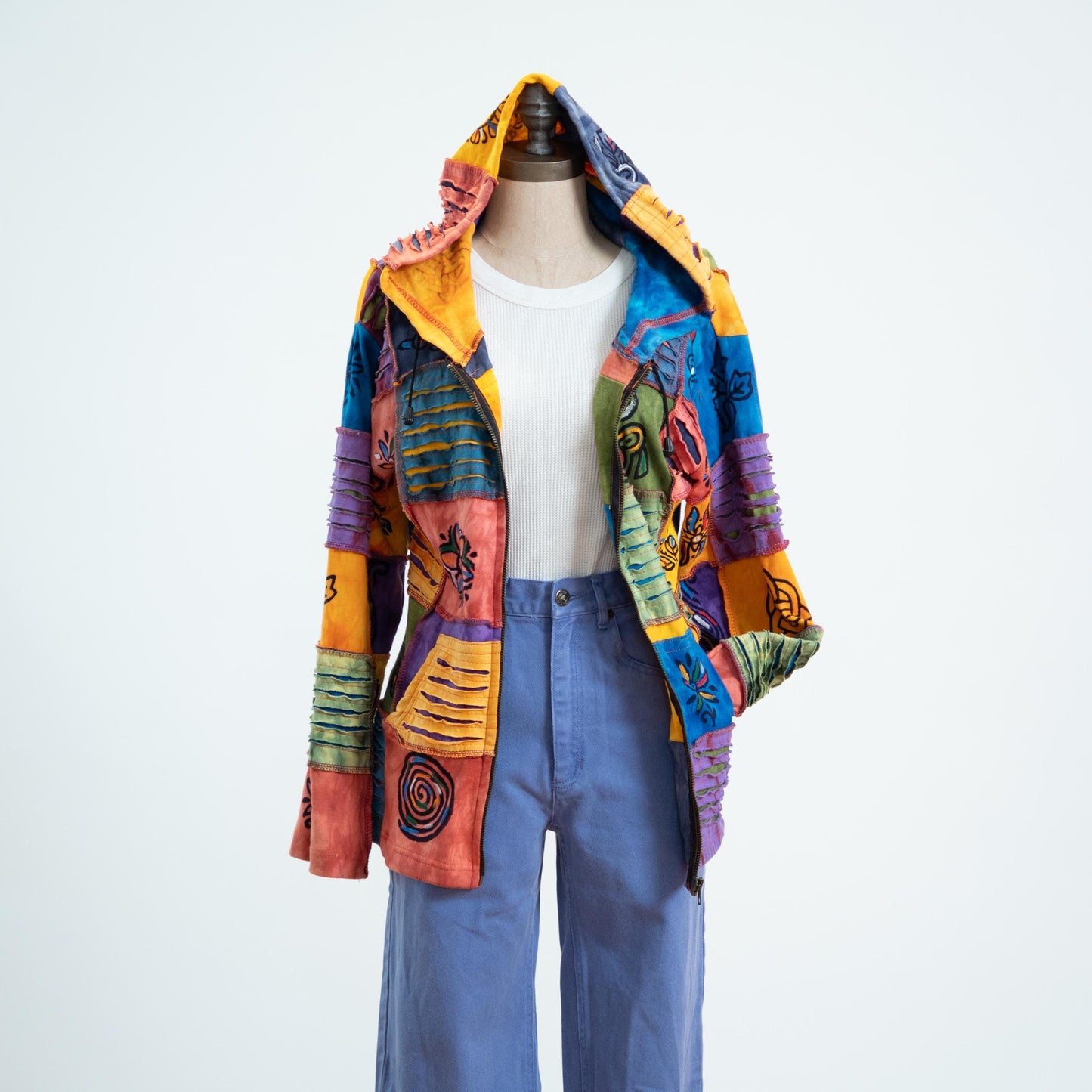 Vintage 90s Rising International Boho Patchwork Hoodie NWT- Small
