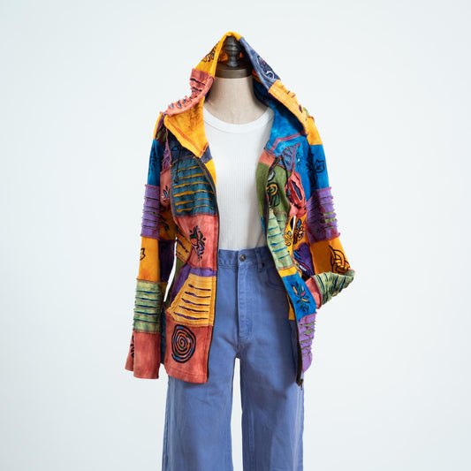 Vintage 90s Rising International Boho Patchwork Hoodie NWT- Small