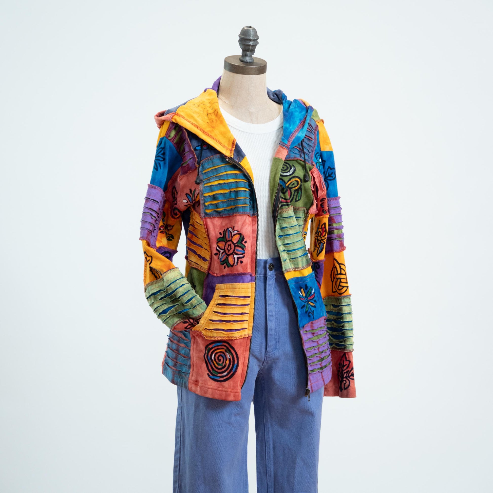 Vintage 90s Rising International Boho Patchwork Hoodie NWT- Small