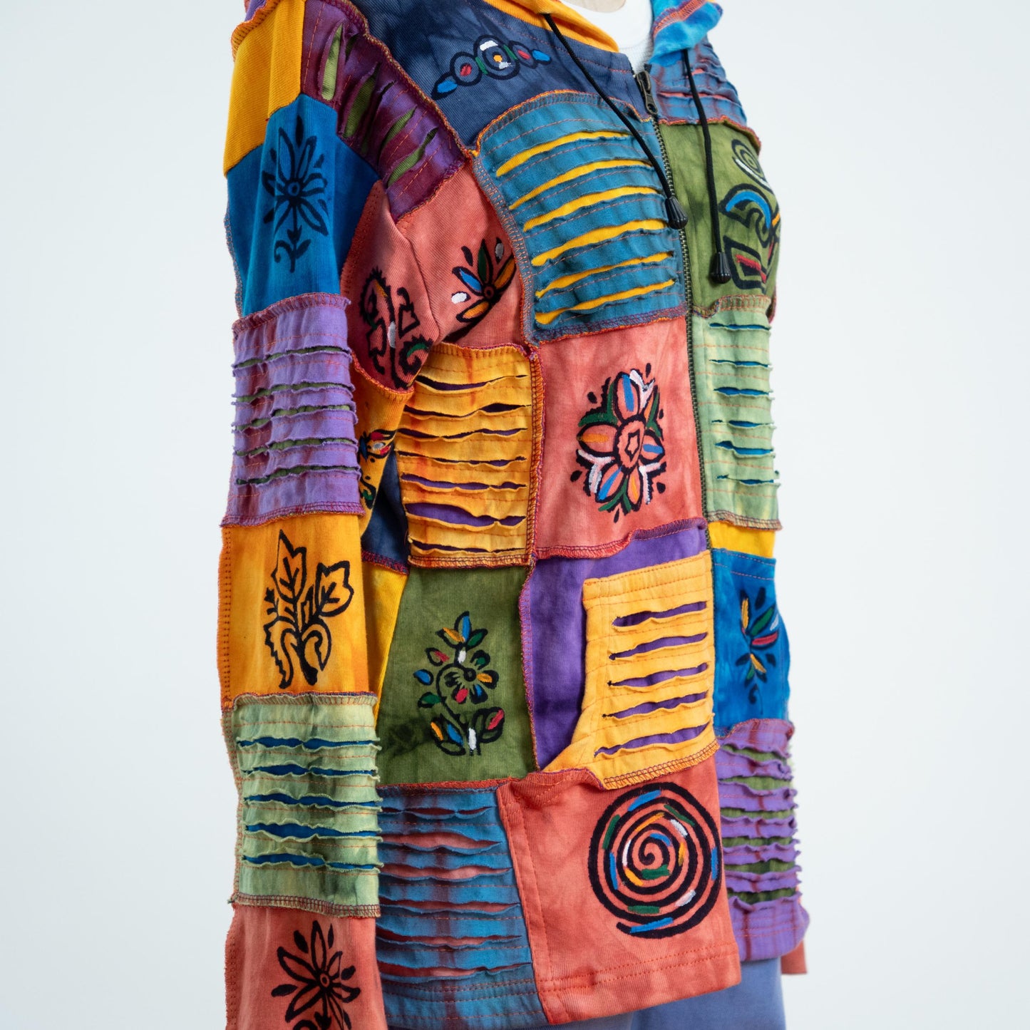Vintage 90s Rising International Boho Patchwork Hoodie NWT- Small