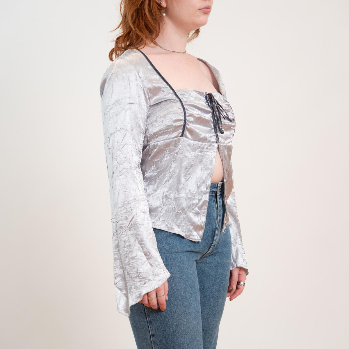 Vintage Y2K Silver Satin Angel Sleeve Fairy Top - Medium | Boho Whimsigoth Corset Blouse