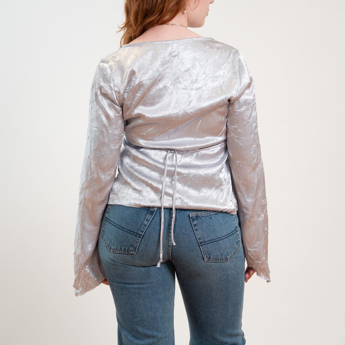 Vintage Y2K Silver Satin Angel Sleeve Fairy Top - Medium | Boho Whimsigoth Corset Blouse