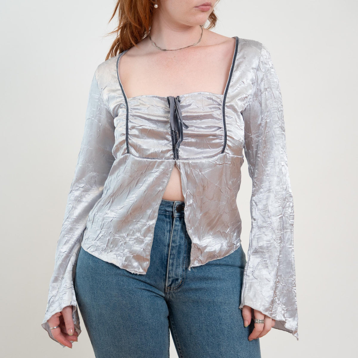Vintage Y2K Silver Satin Angel Sleeve Fairy Top - Medium | Boho Whimsigoth Corset Blouse