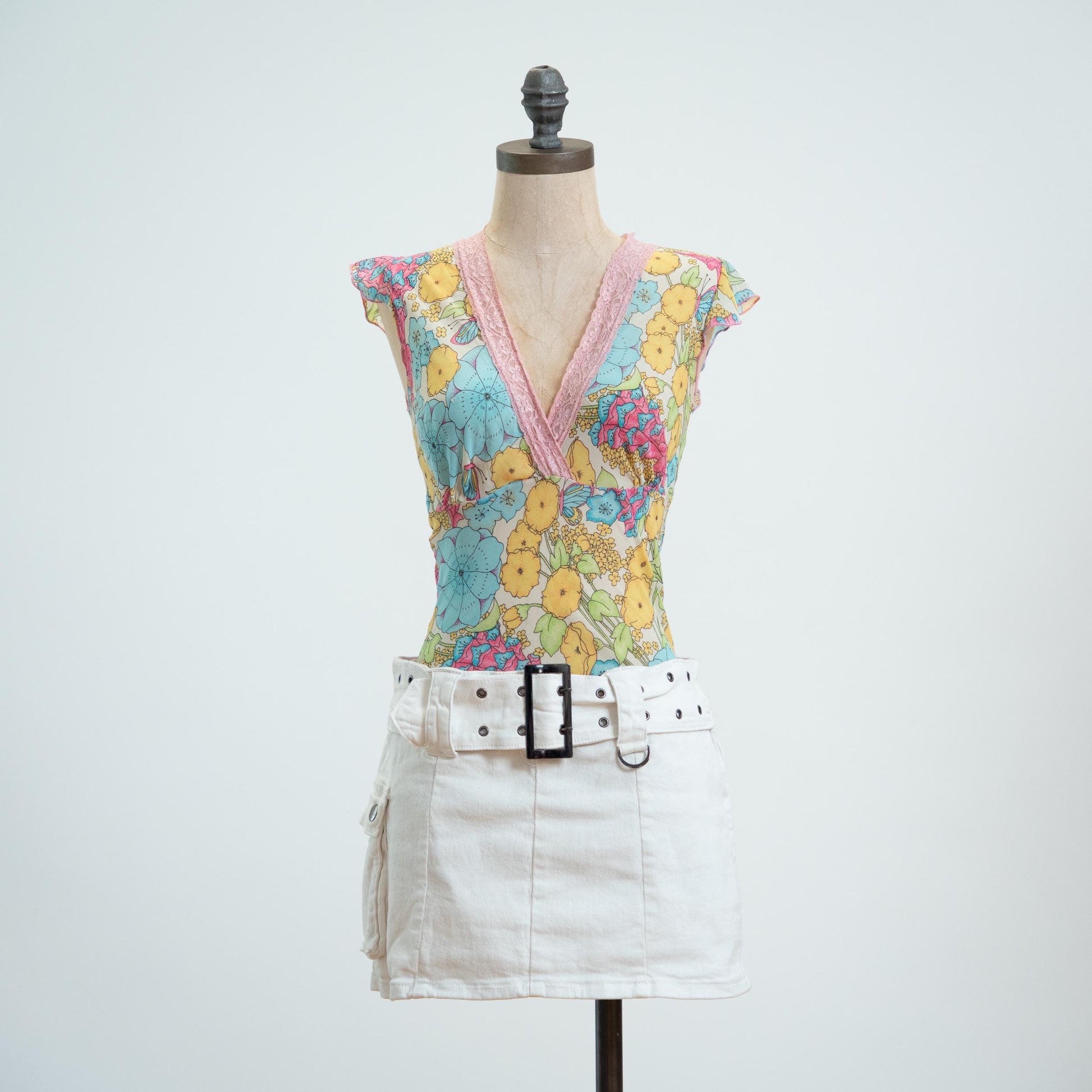 Vintage Y2K Sheer Floral & Butterfly Print Top - Small