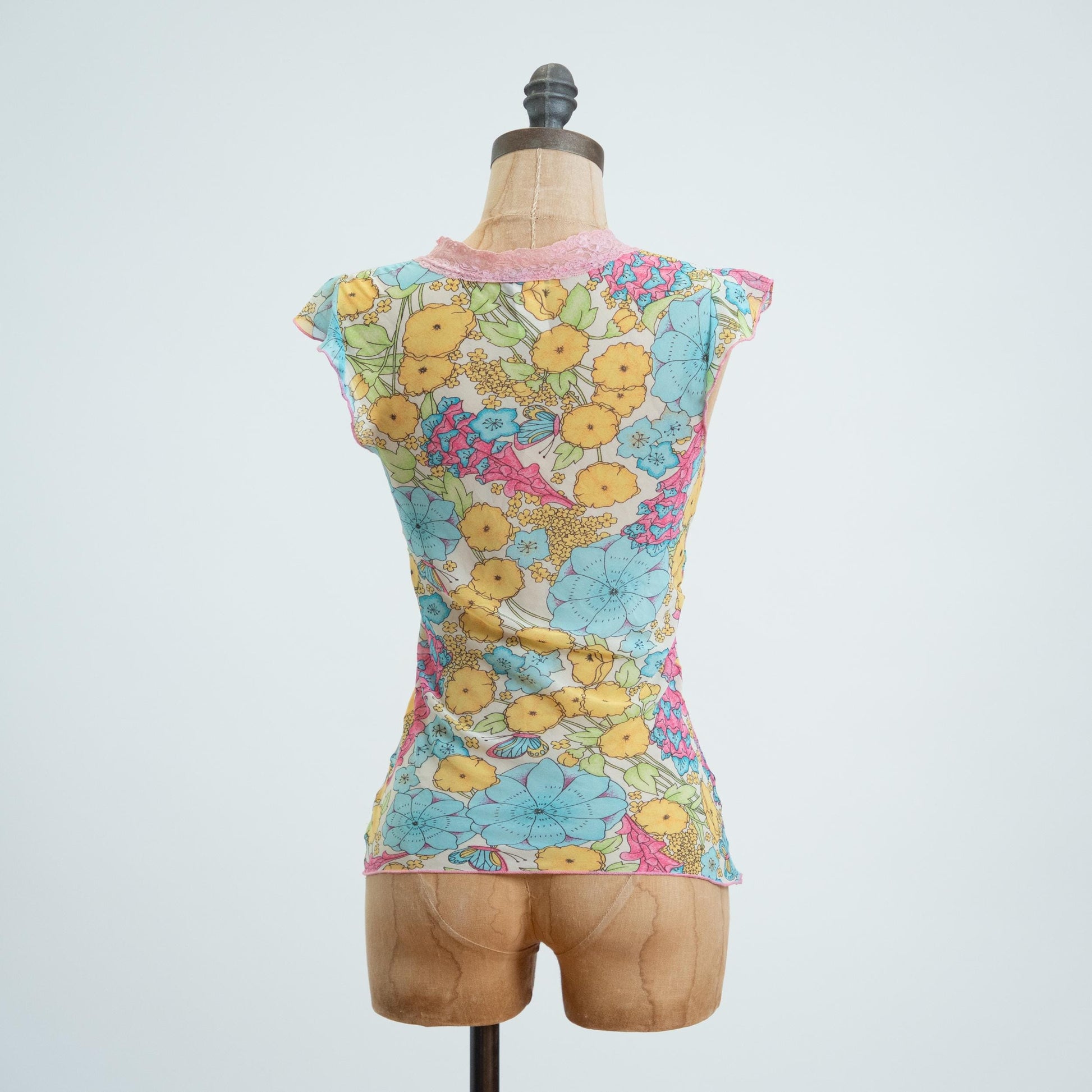 Vintage Y2K Sheer Floral & Butterfly Print Top - Small
