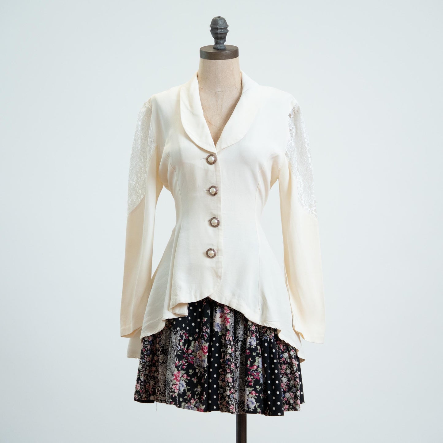 Vintage 80s Ivory Lace Panel High-Low Hem Blouse - Small