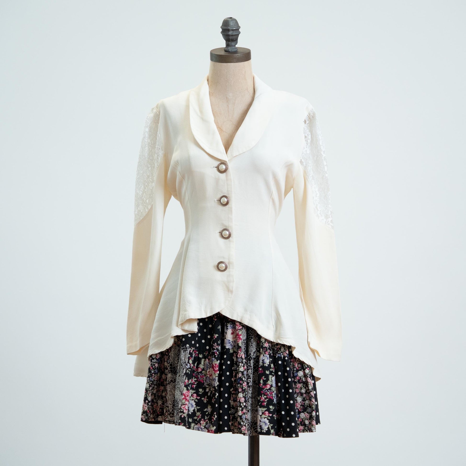 Vintage 80s Ivory Lace Panel High-Low Hem Blouse - Small