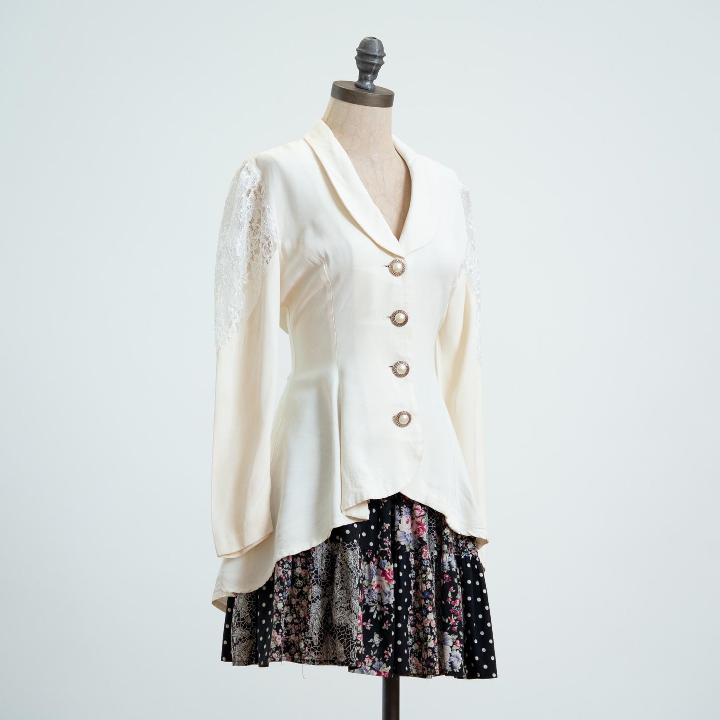 Vintage 80s Ivory Lace Panel High-Low Hem Blouse - Small