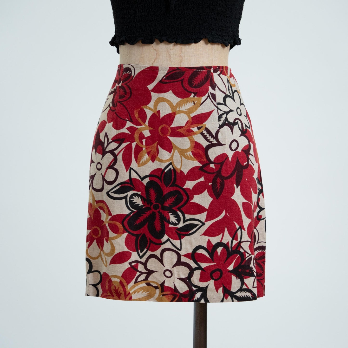 Vintage 90s Tropical Floral Linen Blend Mini Skirt - Small, 27" Waist 