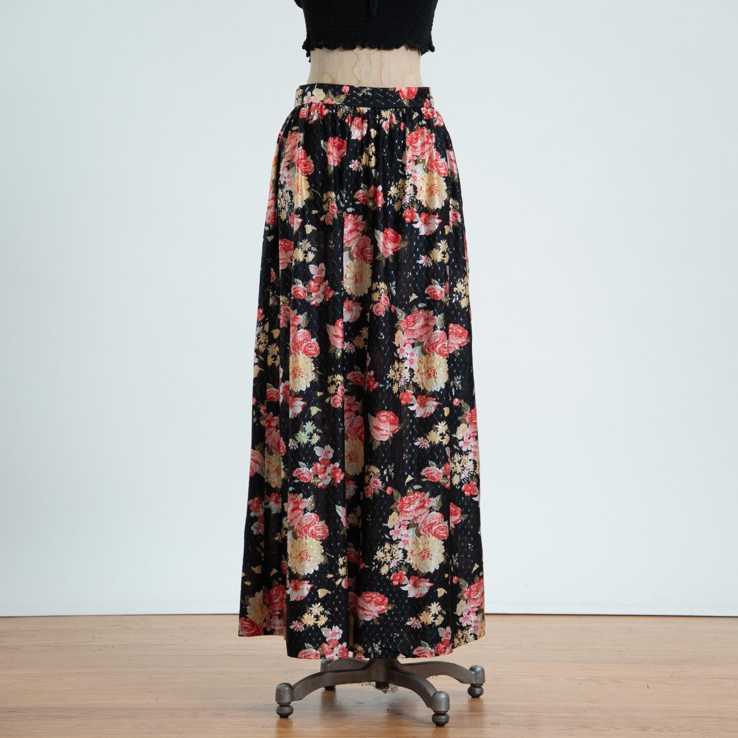 Vintage 70s Black Rose Floral Metallic Maxi Skirt - Medium