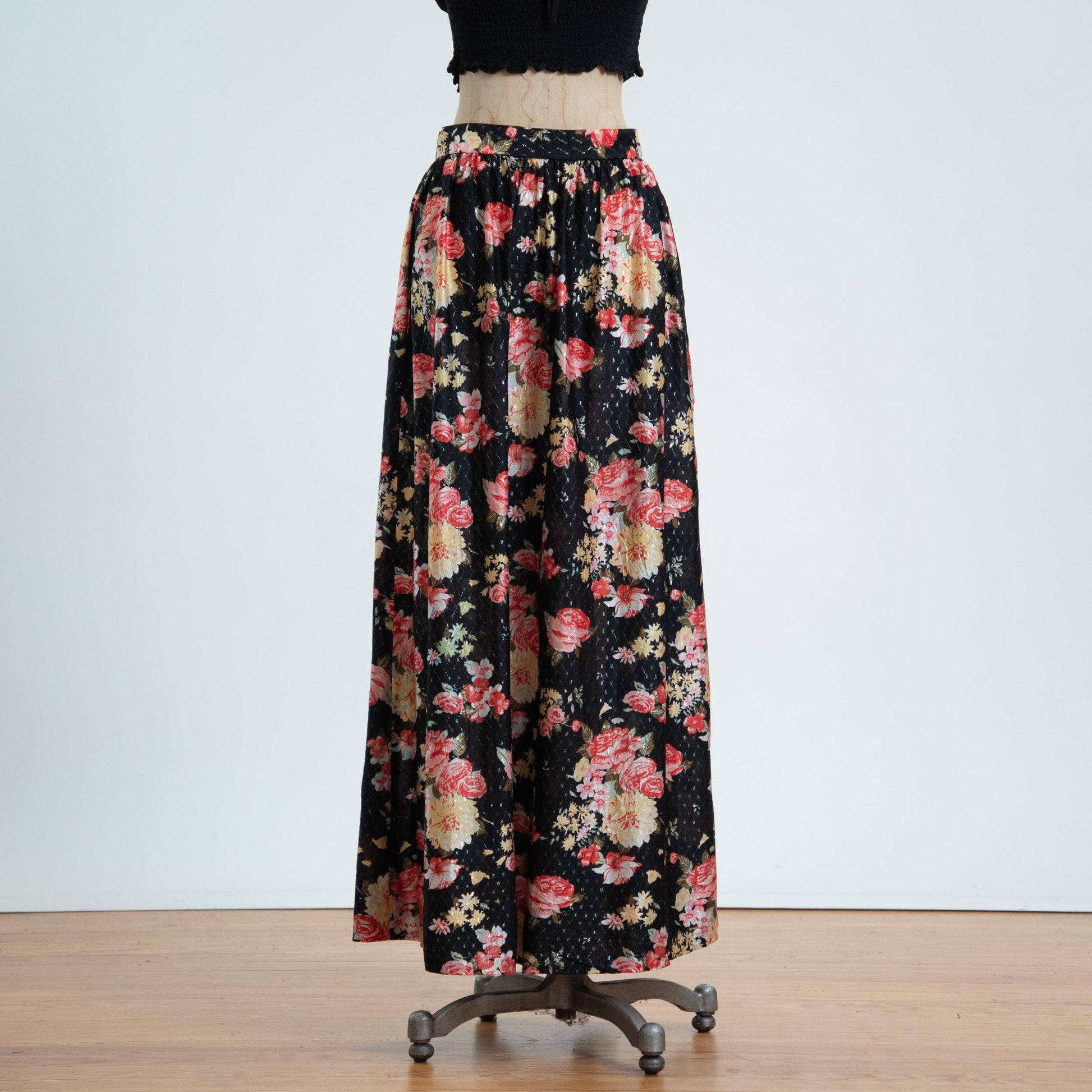 Vintage 70s Black Rose Floral Metallic Maxi Skirt - Medium