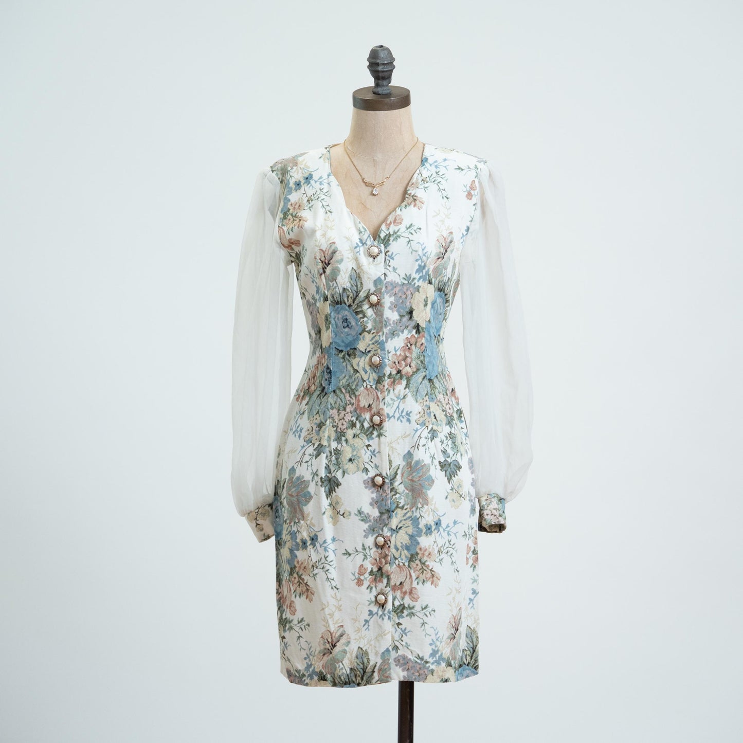 Vintage 80s Soft Look Floral Tapestry Sheer Sleeve Mini Dress - Extra Small