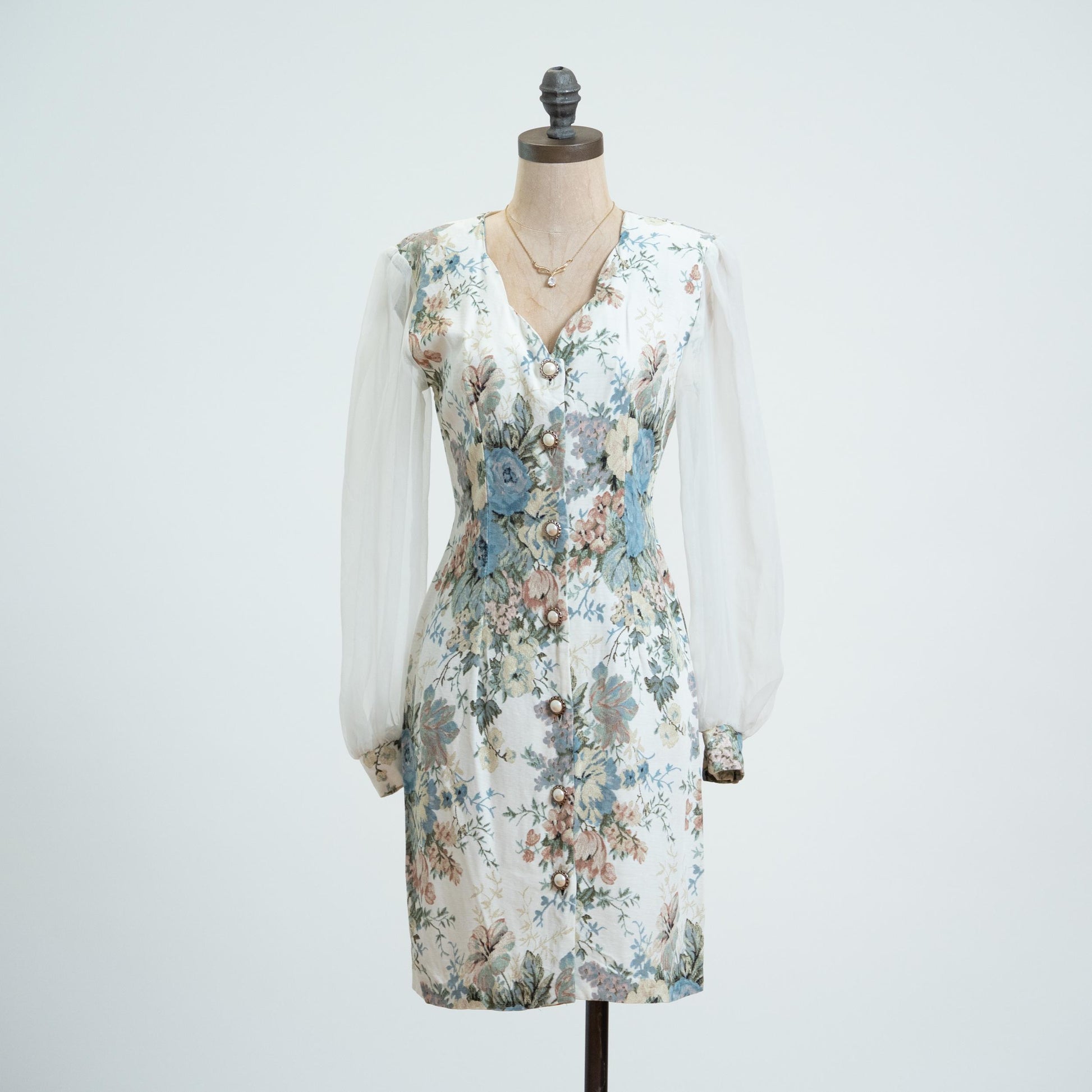 Vintage 80s Soft Look Floral Tapestry Sheer Sleeve Mini Dress - Extra Small