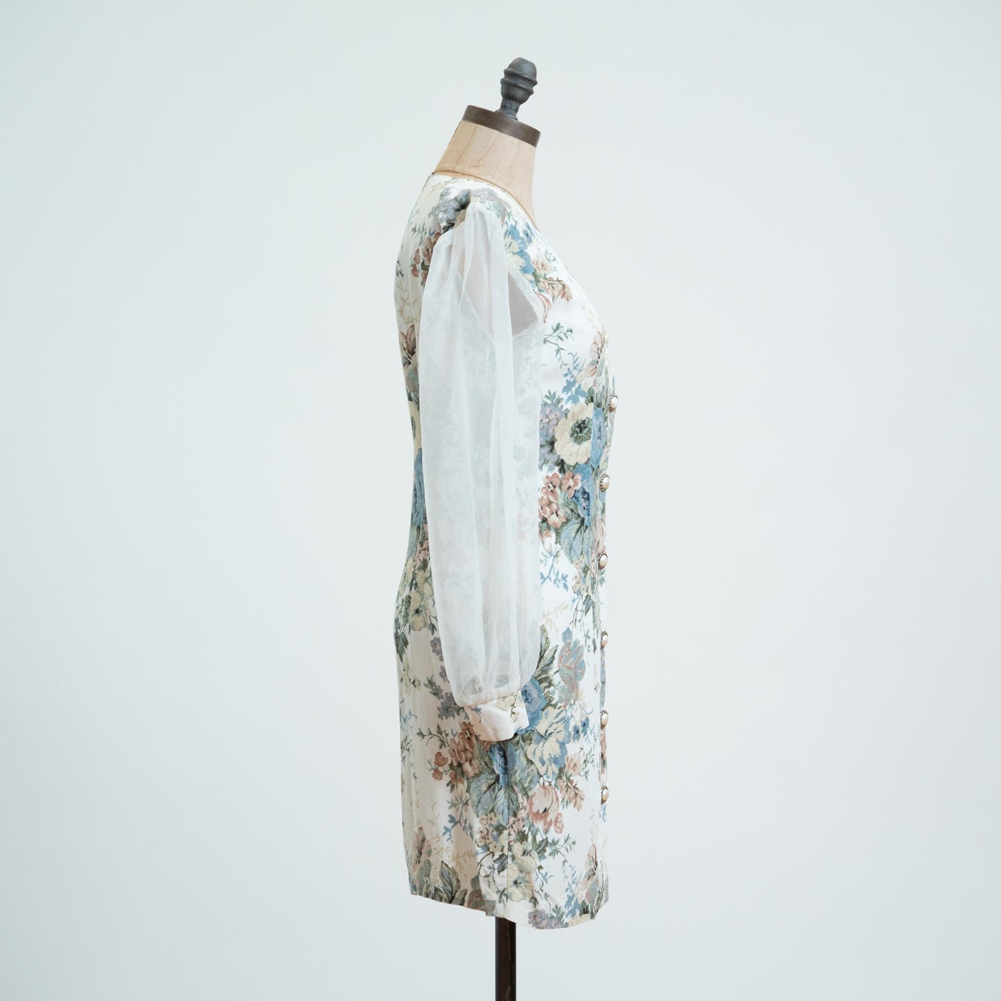 Vintage 80s Soft Look Floral Tapestry Sheer Sleeve Mini Dress - Extra Small