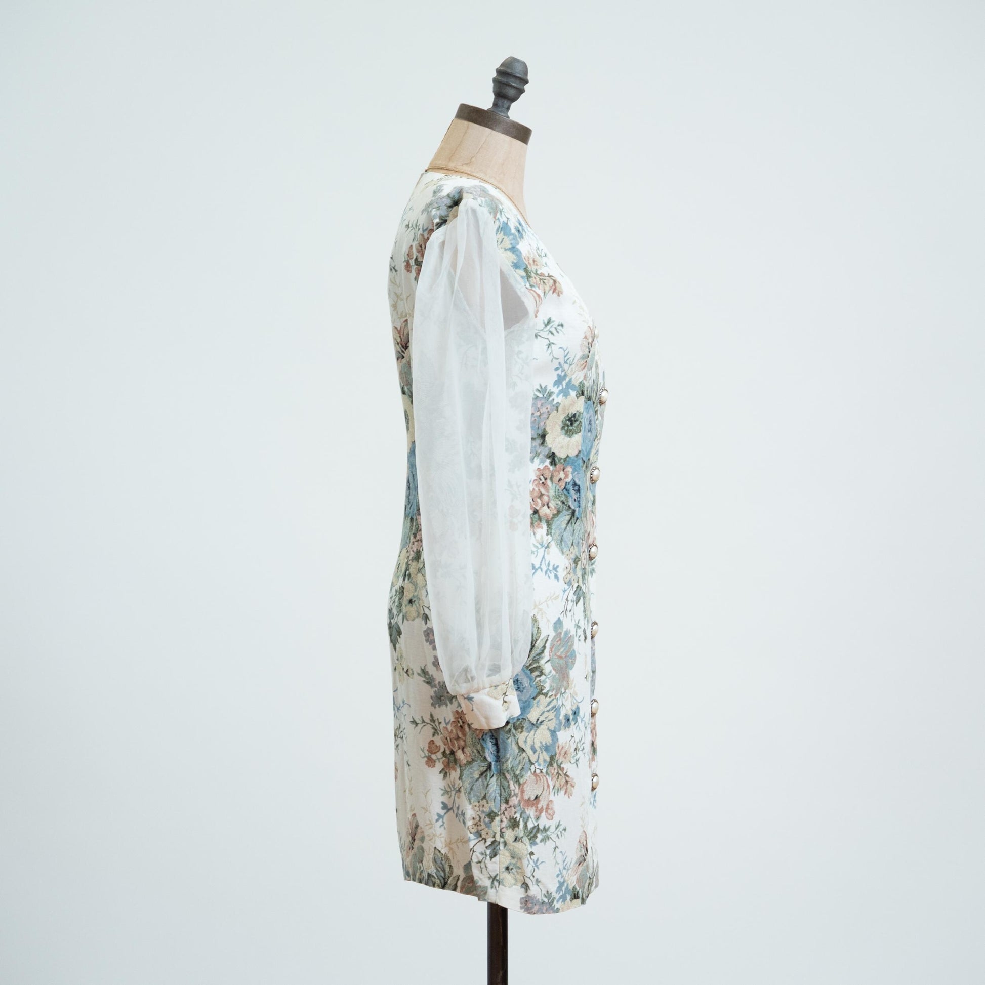 Vintage 80s Soft Look Floral Tapestry Sheer Sleeve Mini Dress - Extra Small
