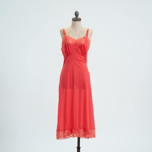 Vintage 50s Coral Pink Clover Applique Slip Dress - Medium