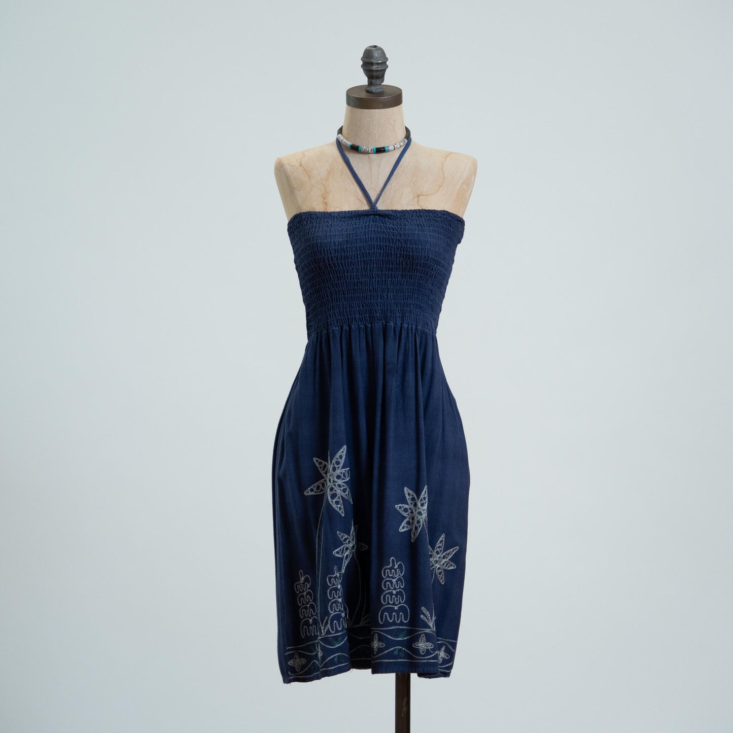 Vintage Y2K Indigo Embroidered Halter Sundress - Medium