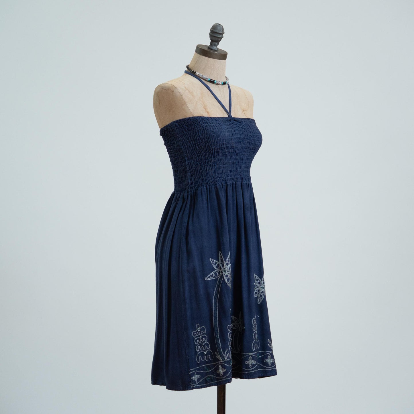 Vintage Y2K Indigo Embroidered Halter Sundress - Medium
