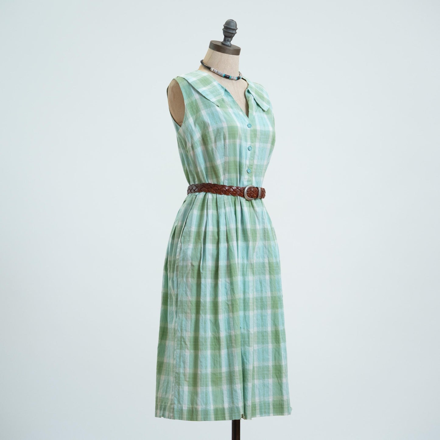 Vintage 50s Green & Blue Plaid Midi Day Dress - Medium to Large