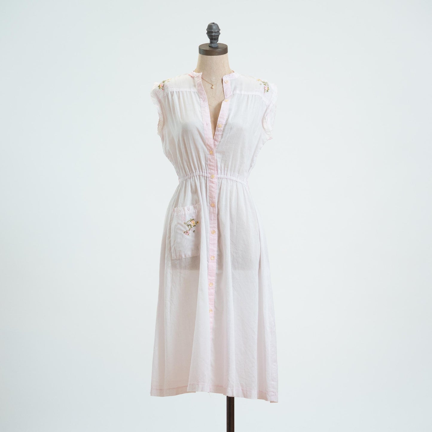Vintage 60s Pastel Pink Floral Embroidered Day Dress - Small