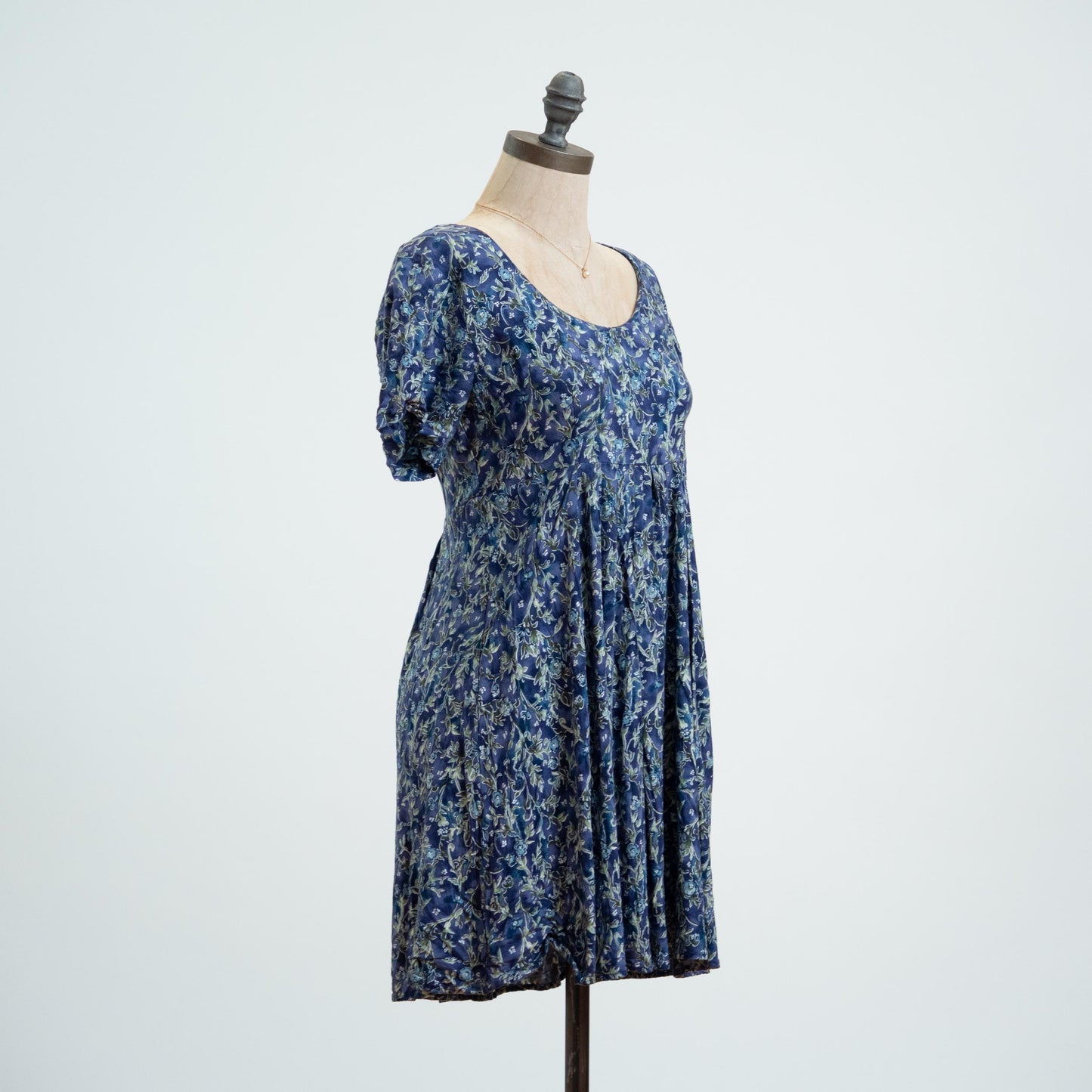 Vintage 90s Blue Floral & Vine Print Babydoll Mini Dress - XS to Small