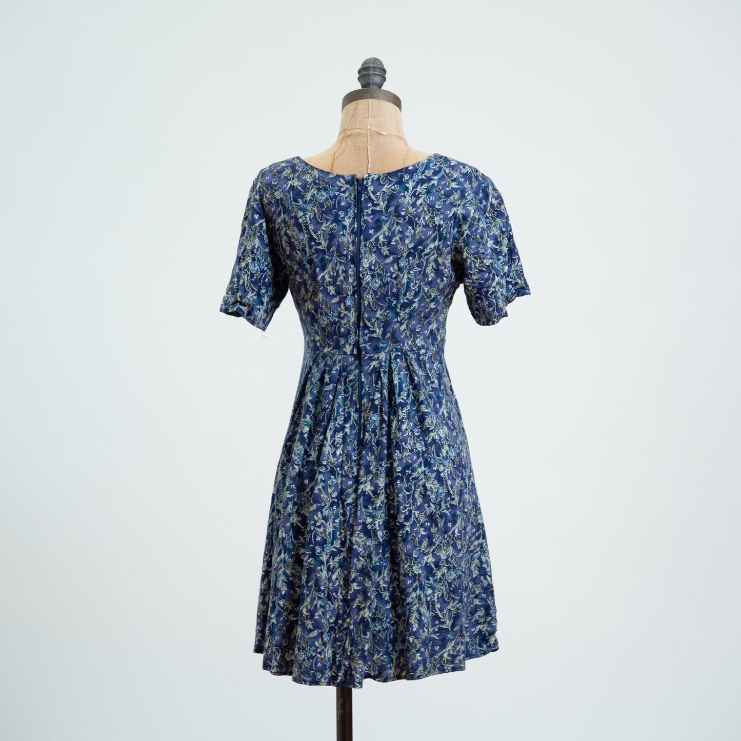 Vintage 90s Blue Floral & Vine Print Babydoll Mini Dress - XS to Small