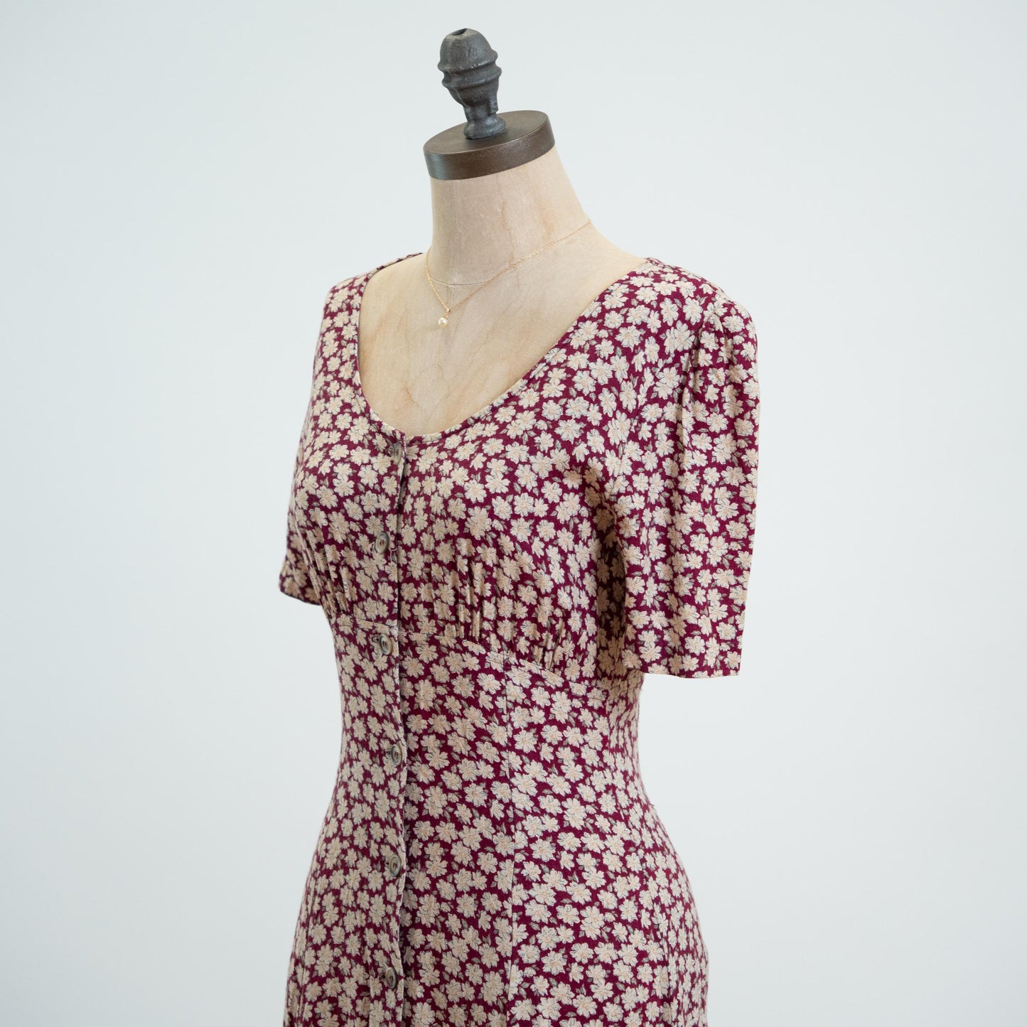 Vintage 90s Wine Red Daisy Floral Mini Dress - Petite XS 