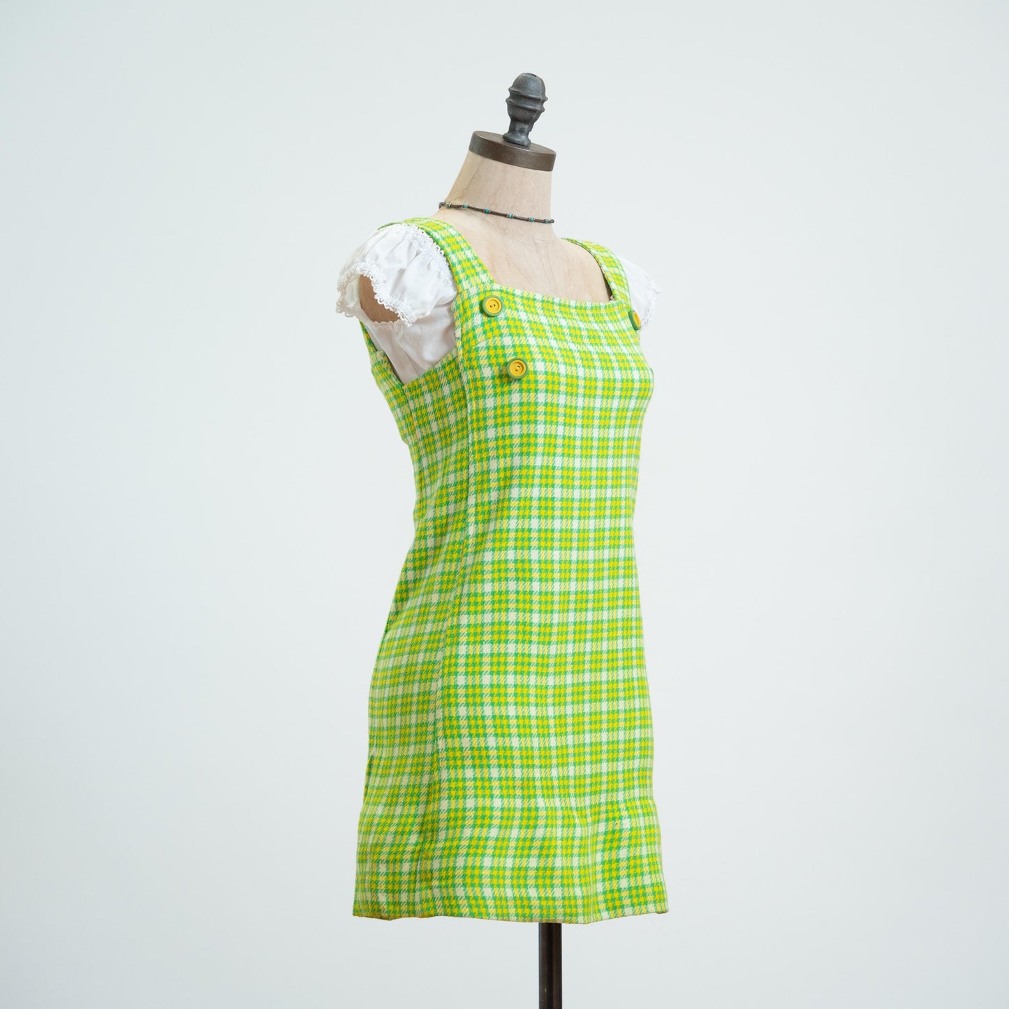 Vintage 60s Lime Green Plaid Pinafore, As Is - XXS