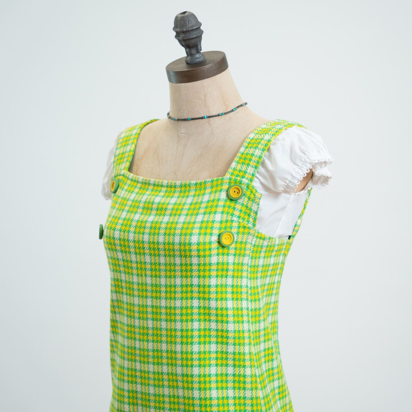 Vintage 60s Lime Green Plaid Pinafore, As Is - XXS