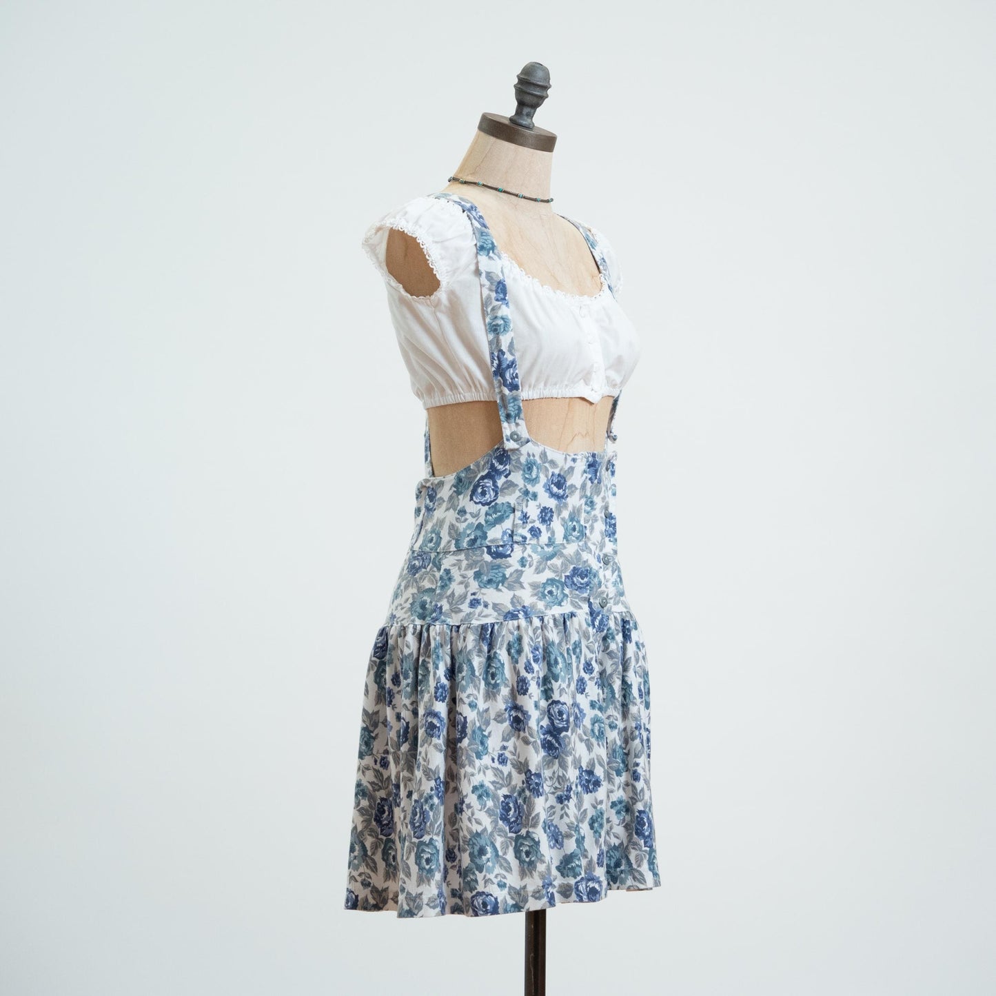 Vintage 80s Blue Floral Pinafore Mini Dress - Medium