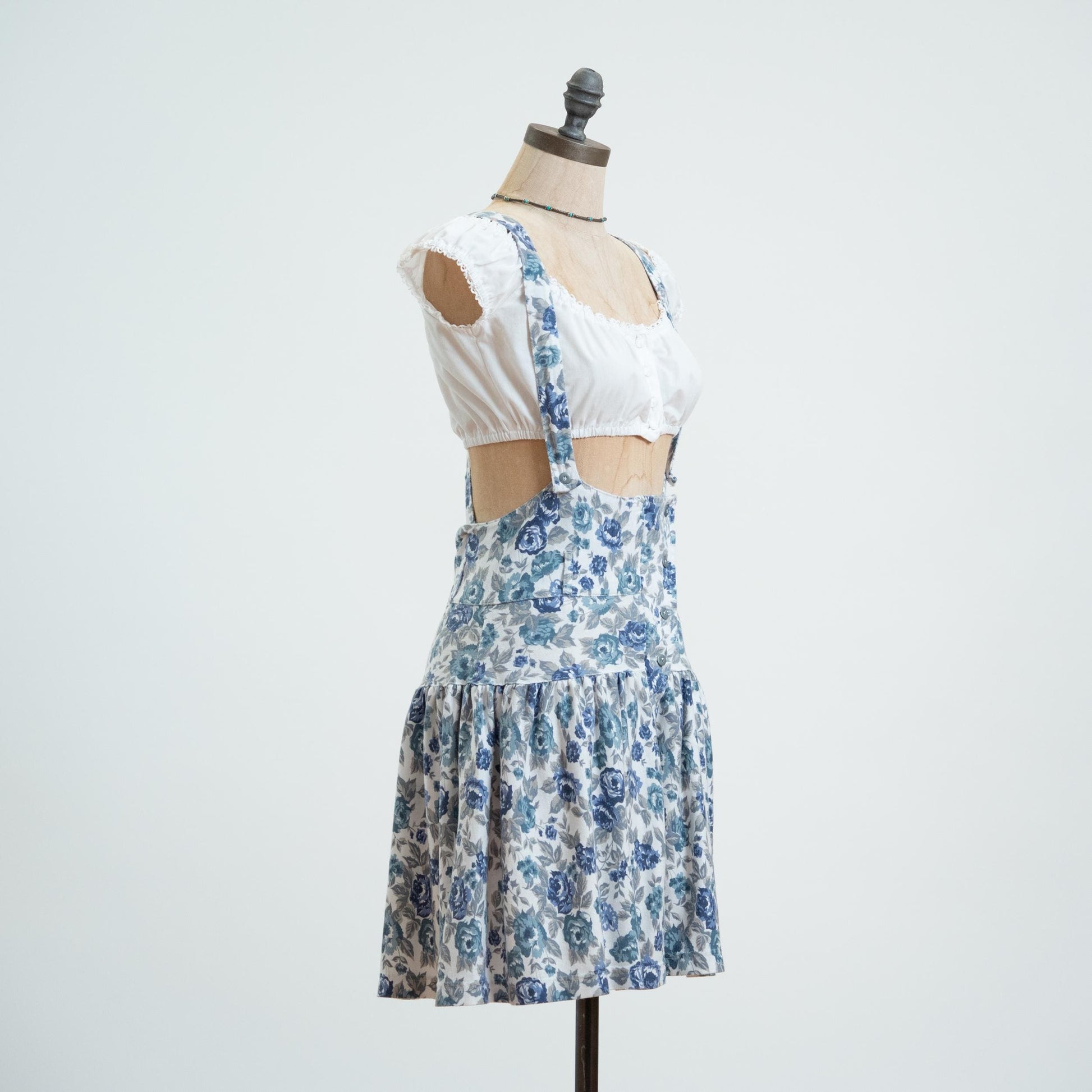Vintage 80s Blue Floral Pinafore Mini Dress - Medium