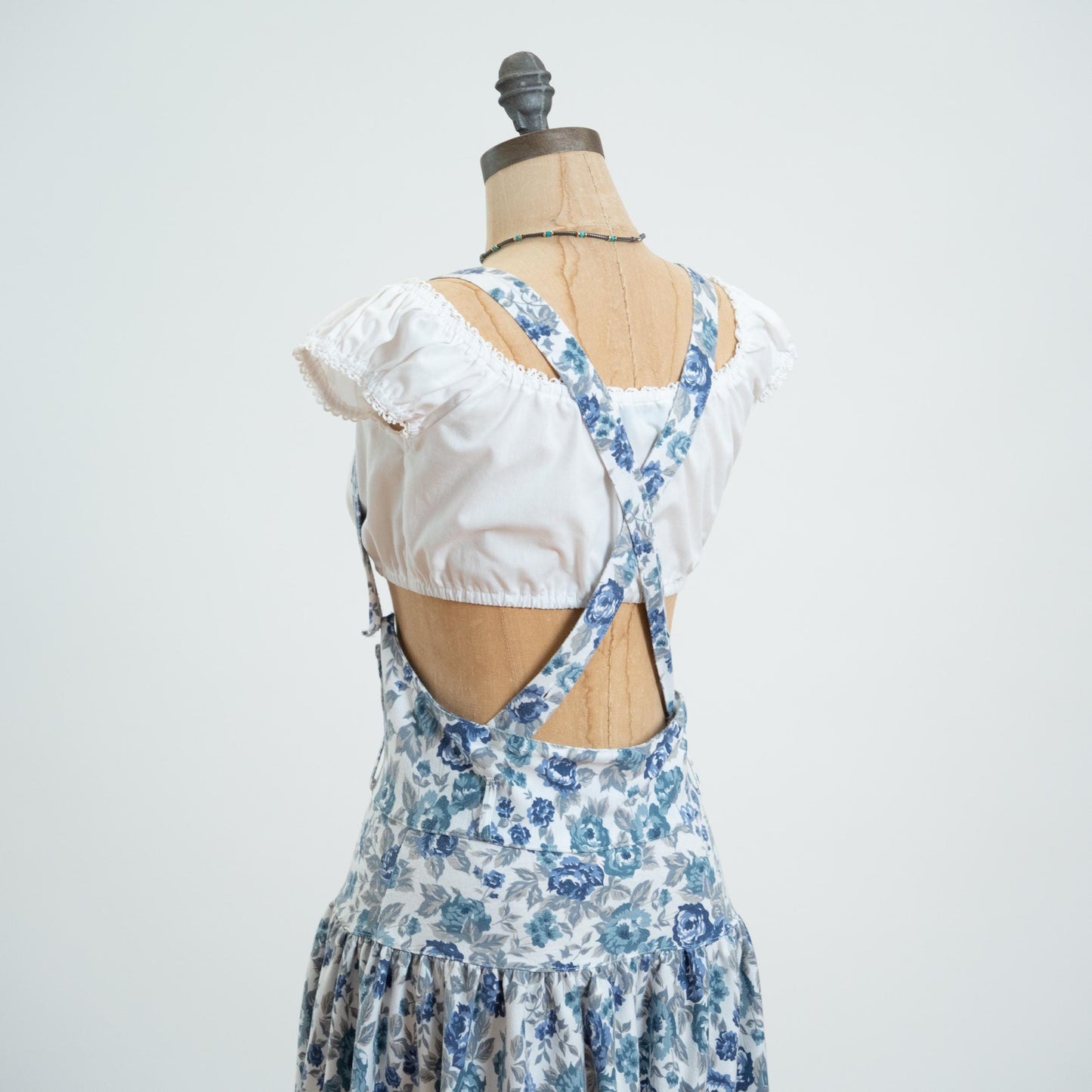 Vintage 80s Blue Floral Pinafore Mini Dress - Medium