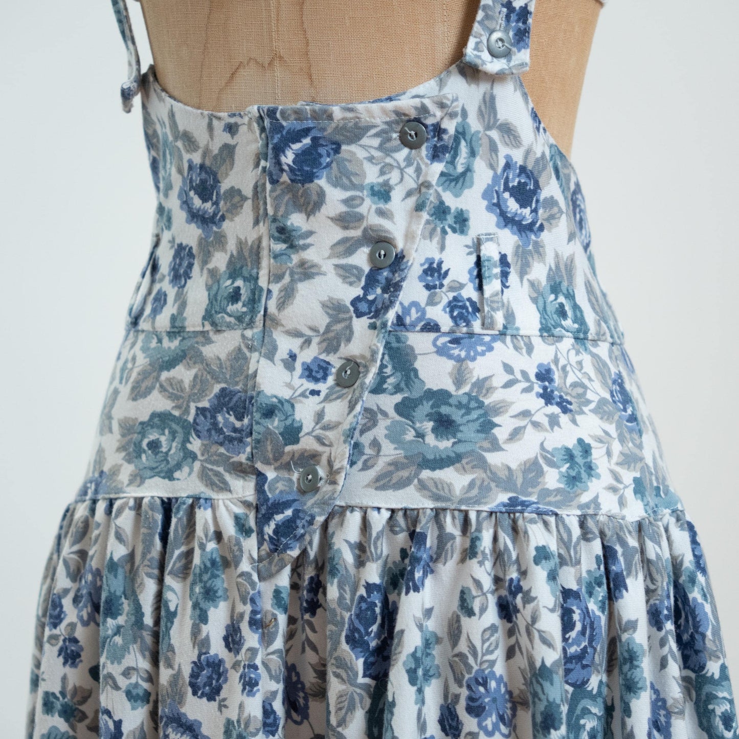 Vintage 80s Blue Floral Pinafore Mini Dress - Medium