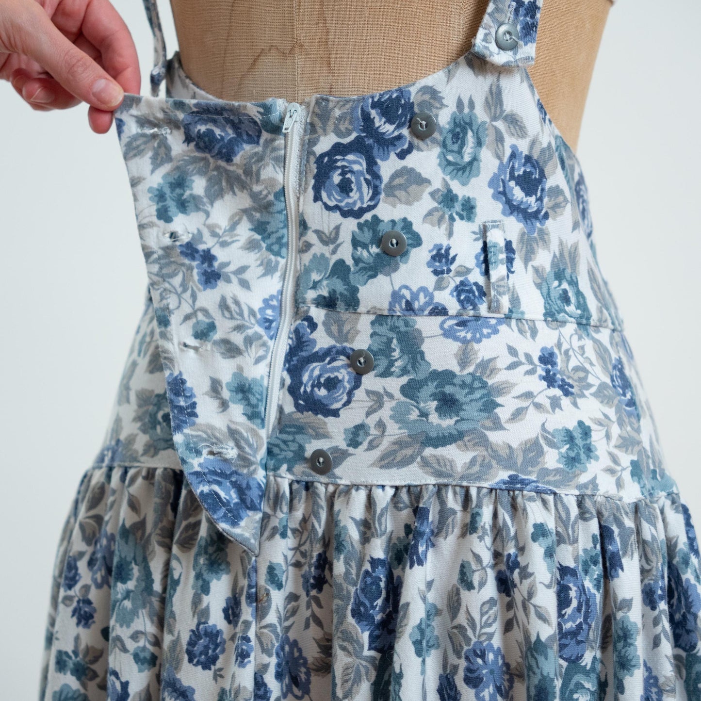 Vintage 80s Blue Floral Pinafore Mini Dress - Medium