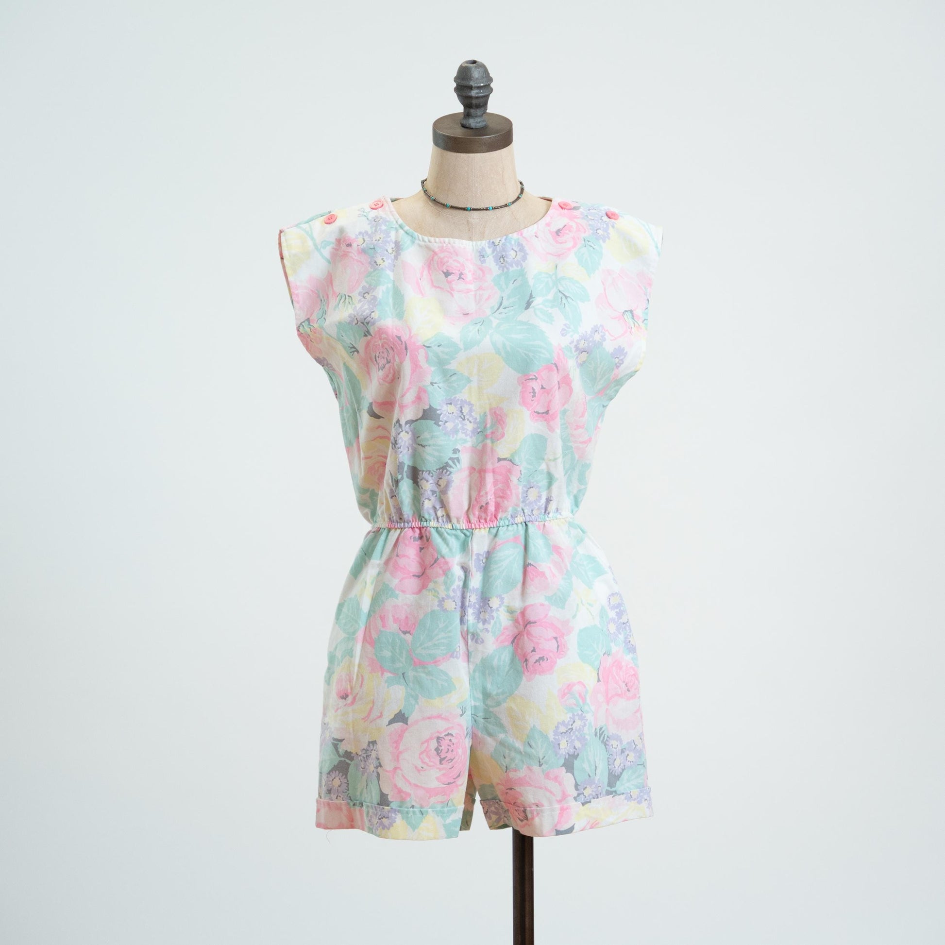Vintage 80s Pastel Rose Floral Romper - Medium