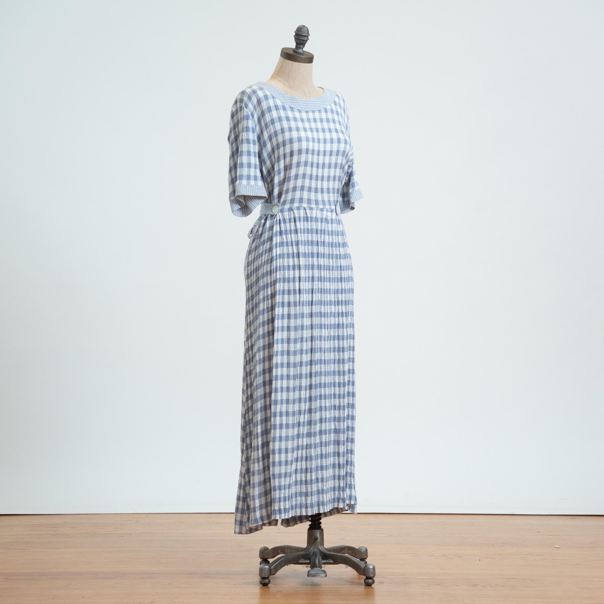 Vintage 90s Blue Gingham Seersucker Maxi Dress - Extra Large