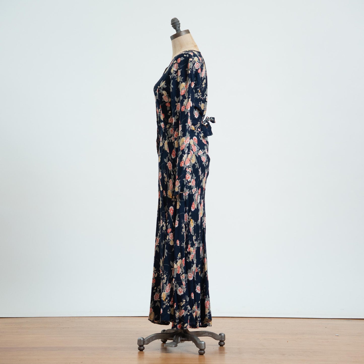 Vintage 90s Navy Floral Bias Swirl Maxi Dress - Medium 