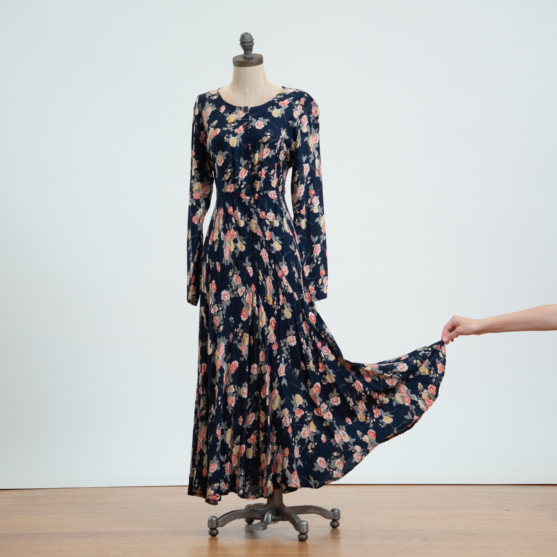 Vintage 90s Navy Floral Bias Swirl Maxi Dress - Medium 