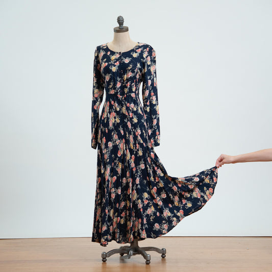 Vintage 90s Navy Floral Bias Swirl Maxi Dress - Medium 