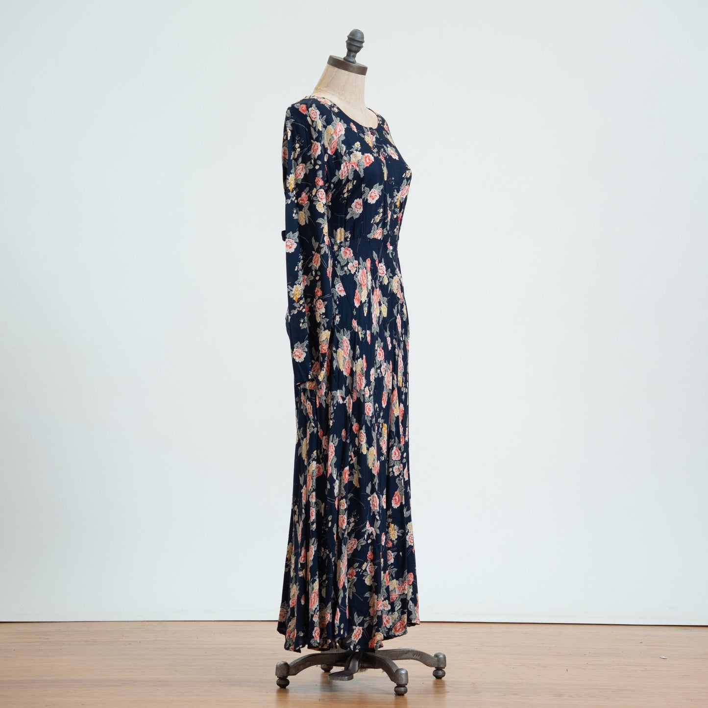 Vintage 90s Navy Floral Bias Swirl Maxi Dress - Medium 