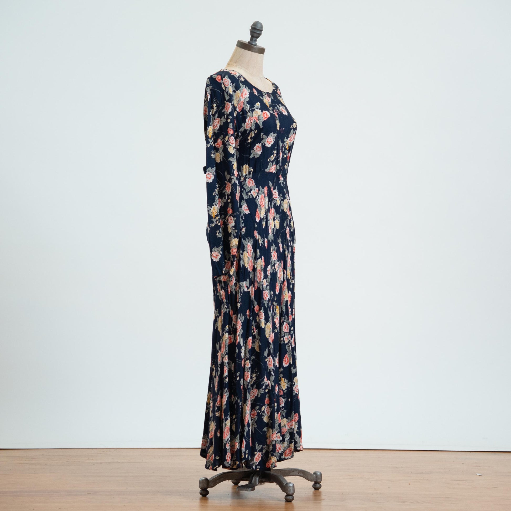Vintage 90s Navy Floral Bias Swirl Maxi Dress - Medium 