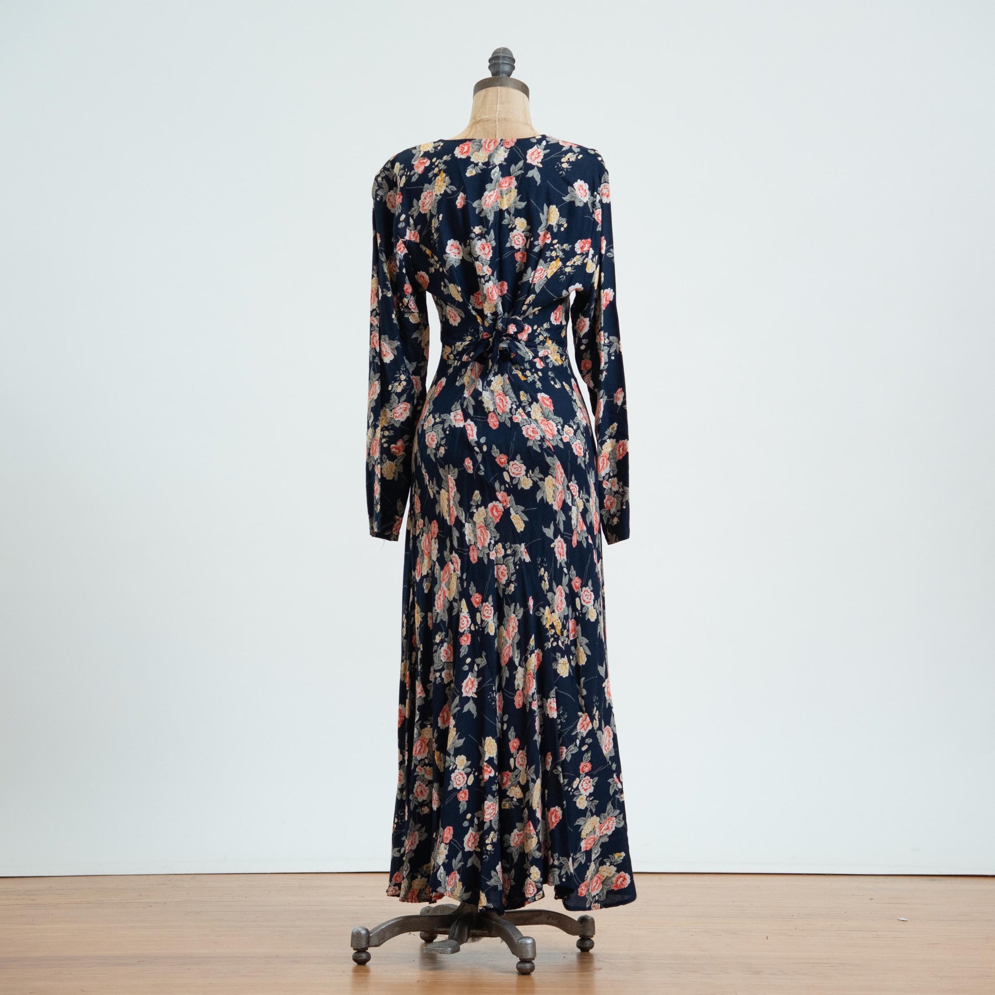 Vintage 90s Navy Floral Bias Swirl Maxi Dress - Medium 