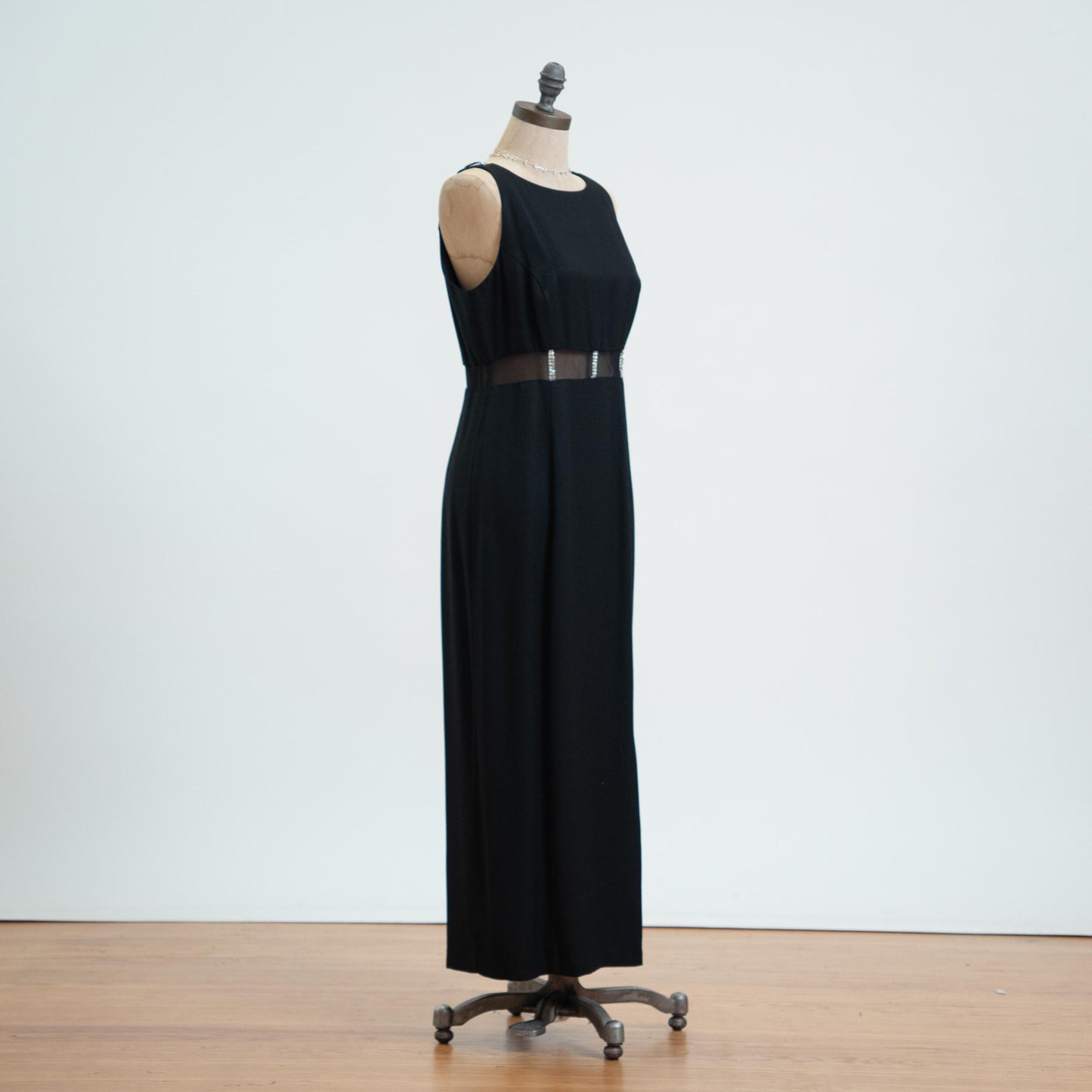 Vintage 80s Black Sheer Cage Waist Maxi Dress - Medium